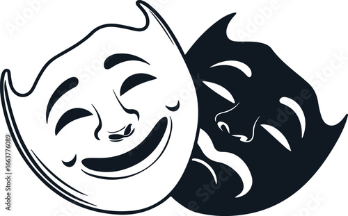 Minimal outline of two masks overlapping, happy and sad, thick clean stroke vector 2