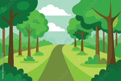 A peaceful forest path illustration with lush green trees, a winding road, and a clear sky with fluffy clouds creating a serene nature scene