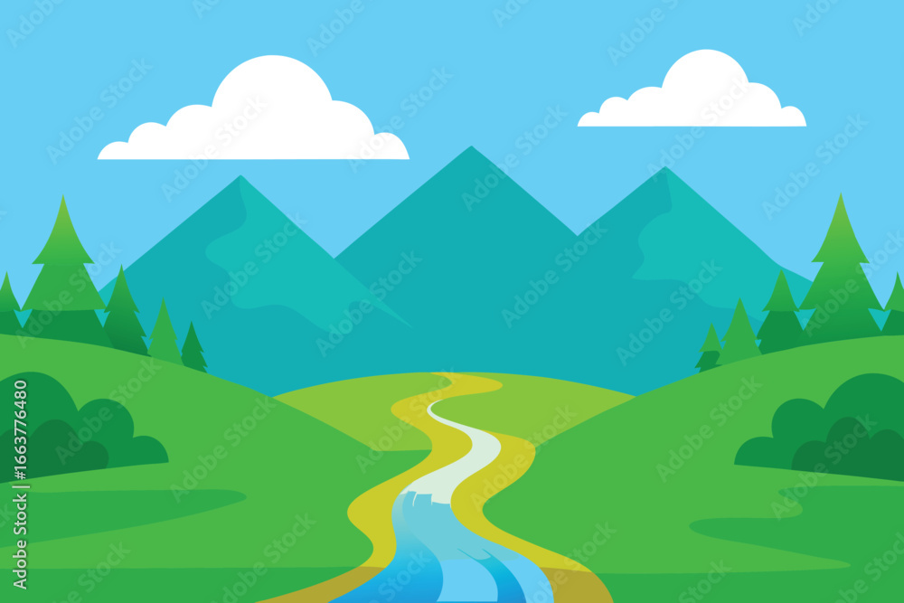 Obraz premium Scenic mountain landscape with a winding river, lush green hills, and fluffy white clouds under a clear blue sky, perfect for outdoor adventure