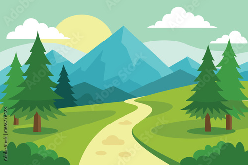 Picturesque mountain vista with a winding path, lush greenery, and a radiant sun peeking through the clouds, perfect for a scenic getaway