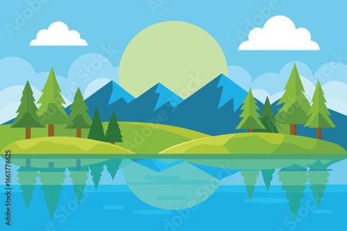 Tranquil mountain landscape with a serene lake reflecting lush green trees, a rising sun, and soft clouds, creating a peaceful and idyllic nature scene
