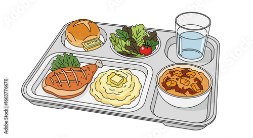 Illustration of a balanced meal on a tray featuring chicken, mashed potatoes, salad, and a roll, complete with a glass of water