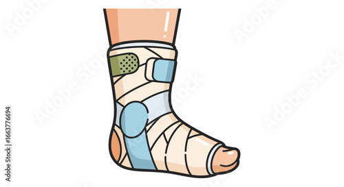 Illustration of a foot and ankle in a medical walking boot for treatment and support after an injury recovery