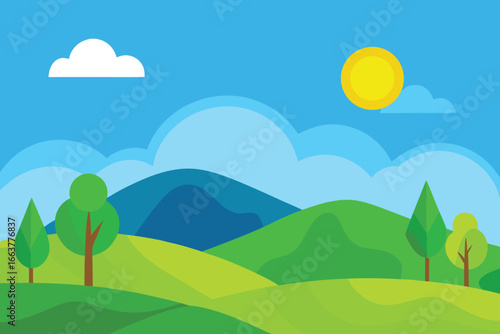 Vibrant mountain landscape with rolling green hills, lush trees, a bright sun, and fluffy clouds against a clear blue sky, creating a peaceful nature scene