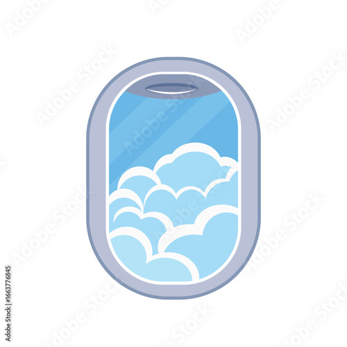Cartoon airplane window, porthole on white background, isolate on white, simple illustration, flat style, minimalism, travel in the sky, clouds