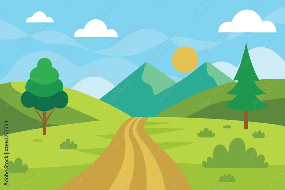 Fototapeta premium Cartoon landscape with rolling green hills, mountains, trees, a winding path, and fluffy clouds under a bright blue sky with a shining sun