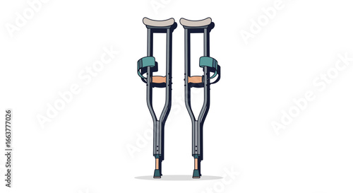 Pair of gray underarm crutches for medical assistance and rehabilitation, standing upright, ready for use, isolated