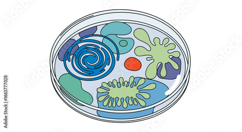 Petri dish illustration showing various colorful bacterial colonies and microorganisms for science and research