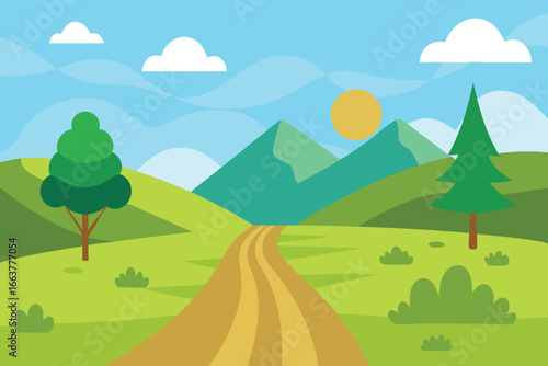 Cartoon landscape with rolling green hills, mountains, trees, a winding path, and fluffy clouds under a bright blue sky with a shining sun
