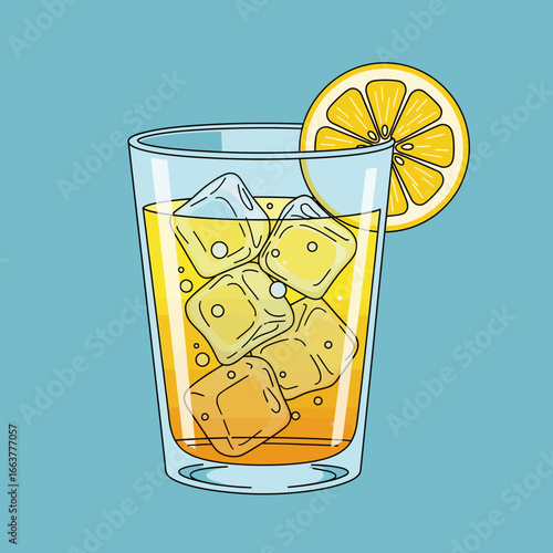 Refreshing glass of lemonade with ice cubes and a lemon slice against a light blue background illustration