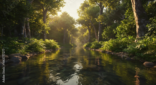 Tranquil River Meandering Through a Lush, Verdant Rainforest, Bathed in the Soft, Golden Glow of Sunset