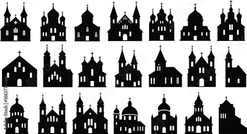 Silhouette Collection of Orthodox and Christian Church Buildings, Dome and Cross Architecture Vector Icons, Religious Temple Design for Decoration, Art, Cultural Projects, and Education