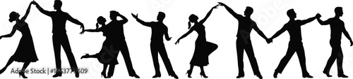 Silhouette couples dancing in various ballroom dance poses, romantic movement, elegant posture, isolated on white background, artistic illustration vector