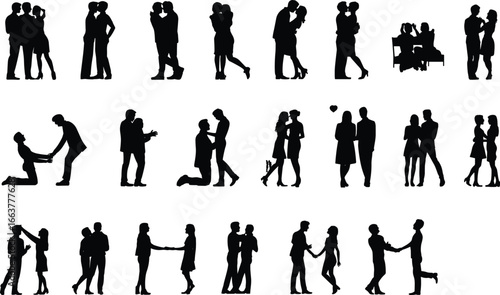 Silhouette couples in romantic poses, valentine love concept, wedding engagement moment, relationship emotions design