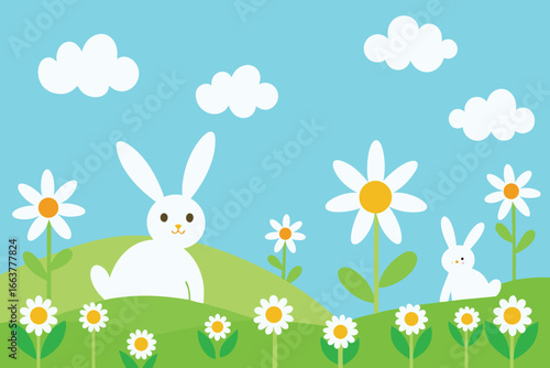 Two adorable bunnies in a flowerfilled meadow under a cloudy sky, perfect for spring and easter illustrations