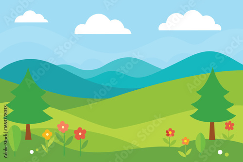 A beautiful cartoon landscape with green hills, trees, flowers, and a blue sky with clouds, perfect for a peaceful and idyllic nature scene