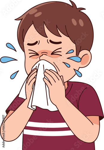Cartoon Vector Illustration of Child Sneezing into Tissue with Closed Eyes, Maroon Striped Shirt, and Expressive Droplets on White Background