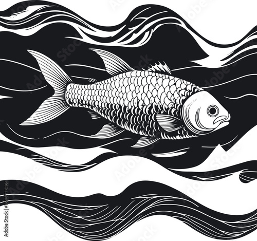 Black and white line art of a fish, with water waves hidden in negative space, clear thick lines