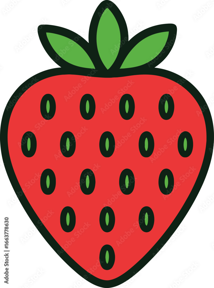 Obraz premium Cartoon Strawberry with Red Body and Green Leaves.