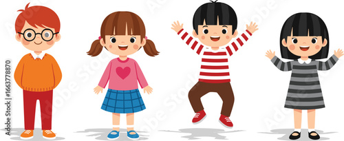 Cartoon Vector Illustration of Four Happy Children in Colorful Outfits with Unique Poses and Expressions on White Background for Educational Use