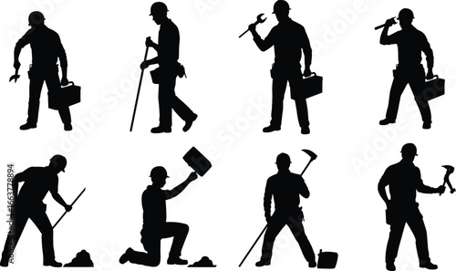 Silhouette of construction workers with helmets, holding tools and equipment, working on site, labor, safety, industry, building, manual work, teamwork, hard work