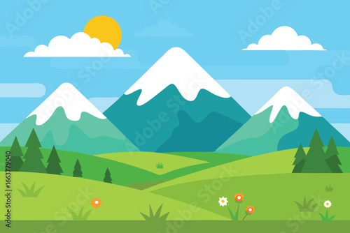 A serene mountain landscape with rolling green hills, snowcapped peaks, and a bright sun shining through fluffy clouds illustration