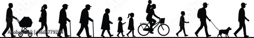 Silhouette of diverse people walking with family, baby stroller, pets, and bike, representing everyday life, community, and transportation