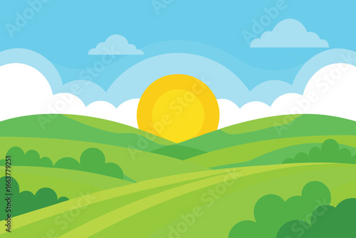 Cartoon landscape with green hills, blue sky, and a bright sun rising over the horizon creating a peaceful and idyllic rural scene