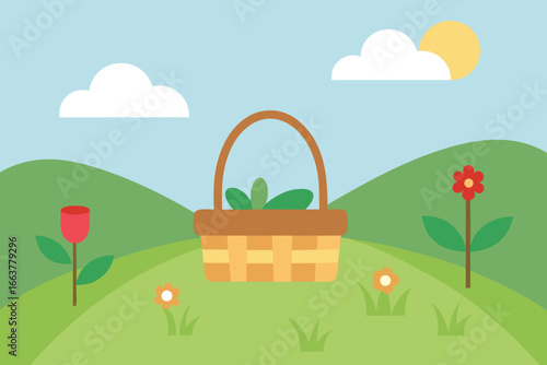 A charming picnic scene with a woven basket nestled in a green field, surrounded by colorful flowers, under a sunny sky with fluffy clouds
