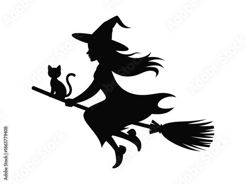 Enchanting black silhouette of a witch flying on a broomstick with her cat, perfect for Halloween designs and spooky season projects that need a magical touch
