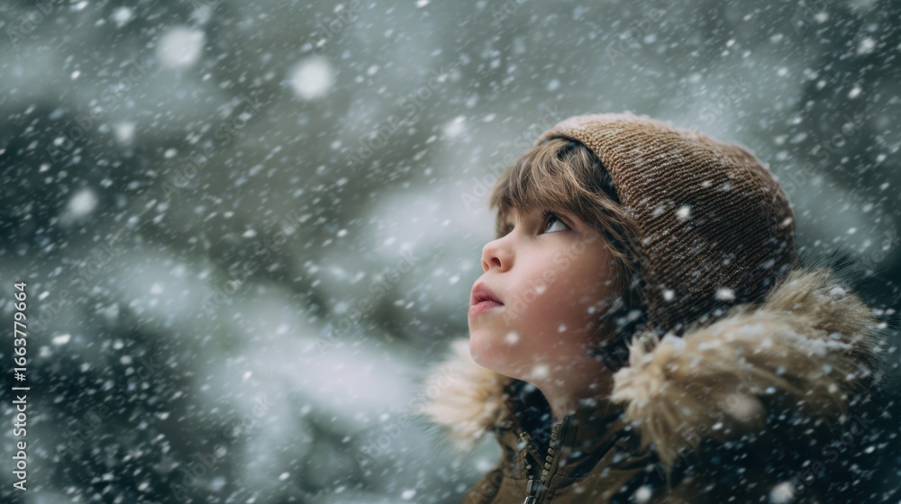 Obraz premium Young caucasian child in winter snowfall wearing brown coat and knit hat