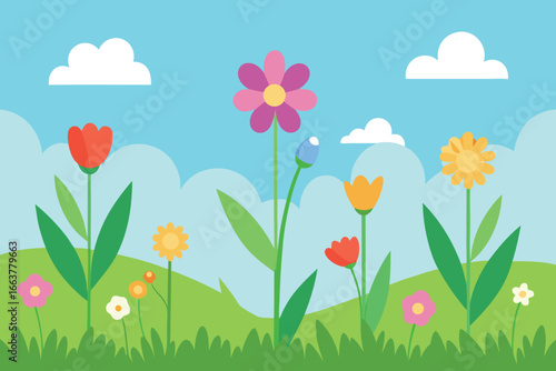 A colorful meadow of tulips and wildflowers beneath a cloudy sky, evoking the beauty of spring and summer in the countryside