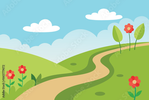 A serene landscape with a winding path, vibrant flowers, and fluffy clouds under a clear blue sky, capturing the essence of natures beauty