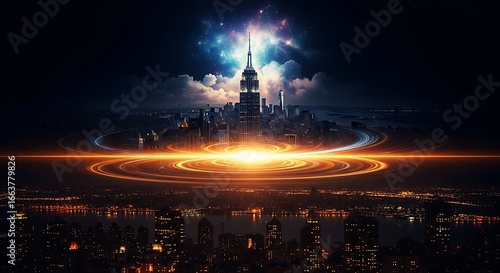 Futuristic cityscape with glowing energy vortex skyscraper