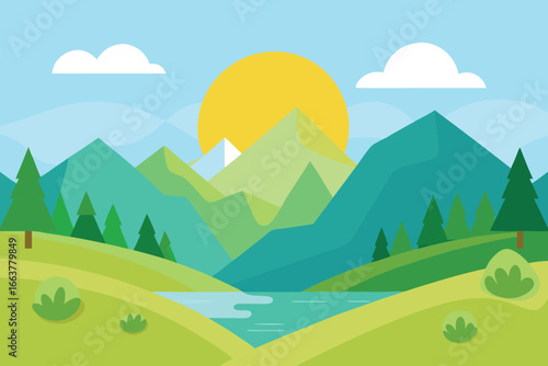 A vibrant mountain landscape with a lake reflecting the sun, trees, and hills, creating a scenic and peaceful outdoor environment