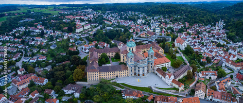 Fototapeta Naklejka Na Ścianę i Meble -  Aerial view around the old town of the city Weingarten, Ravensburg in Germany on am overcast afternoon in summer.	
