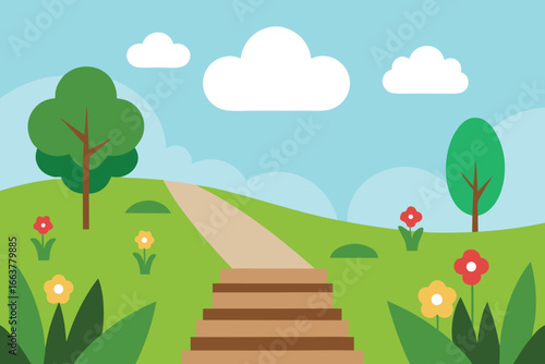 A scenic landscape with a path leading up a grassy hill, trees, flowers, and clouds in a blue sky creating a peaceful and idyllic scene