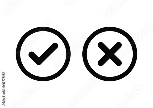 Simple check mark and cross mark icons for approval and rejection decisions, ideal for websites, apps, and presentations that need a clear visual choice