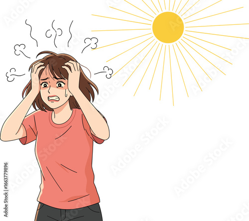 Cartoon Vector Illustration of Overheated Person Clutching Head in Stress with Sun Symbol, Red Shirt, and Heat Discomfort Expression
