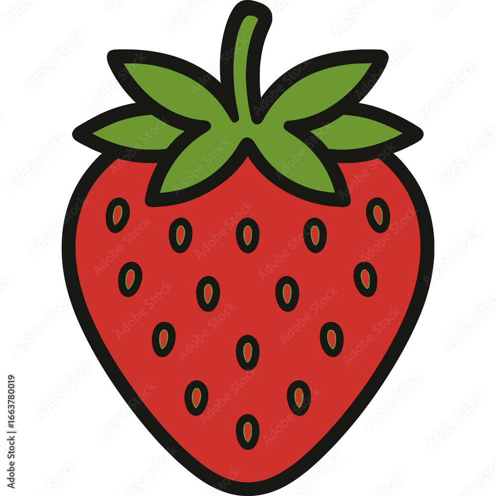 Obraz premium Simple cartoon strawberry with green leaves illustration.