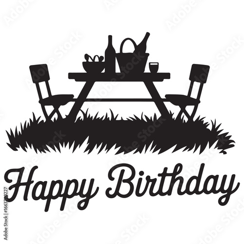 Black silhouette of picnic table with chairs and drinks on grass Happy Birthday celebration outdoor