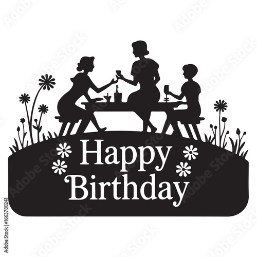 Black silhouette of three people enjoying drinks at a picnic table with flowers birthday celebration