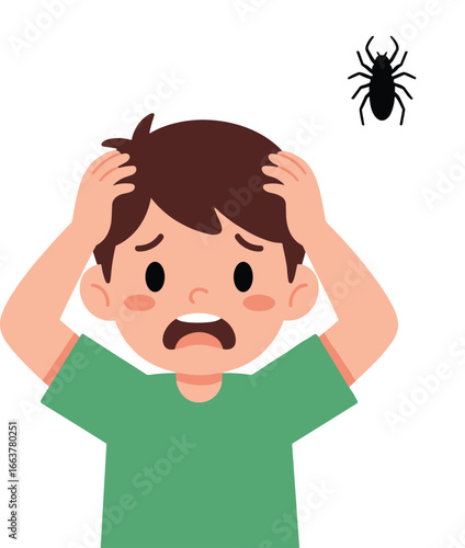 Cartoon Vector Illustration of Scared Child Reacting to Spider with Hands on Head, Green Shirt, and Fearful Expression on White Background