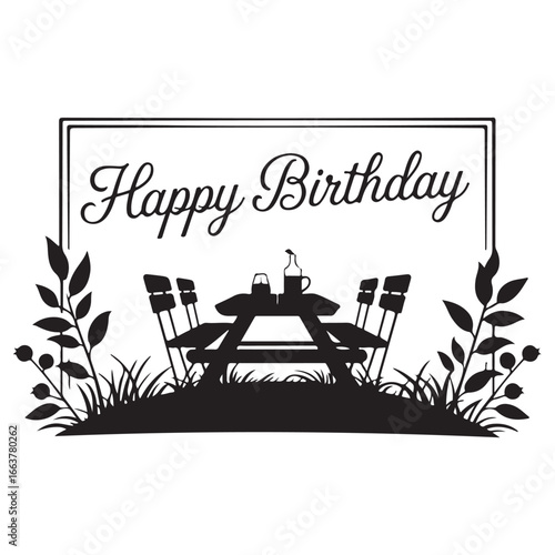 Black silhouette of picnic table with chairs and drinks in grass with happy birthday text celebration