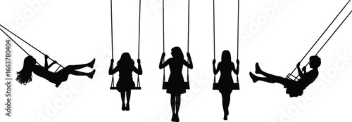 Silhouette of girls swinging on swings, outdoor fun activity, children in motion, black vector illustration, isolated on white background