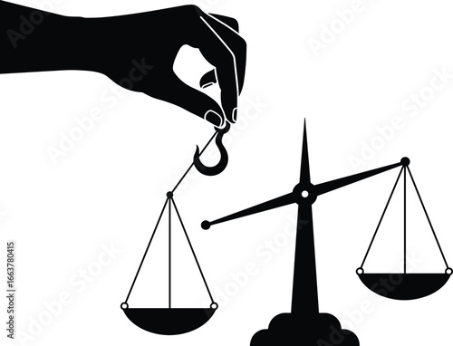 Silhouette of hand adjusting balance scale, symbol of justice, fairness, equality, cad drawing vector illustration, legal concept, ethical theme