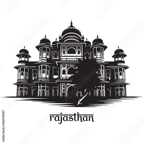 Black silhouette of ornate Indian palace with Rajasthan text architecture black and white