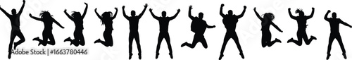 Silhouette of group people jumping in joy, energetic happy motion, male and female figures, vector illustration for lifestyle concept stock
