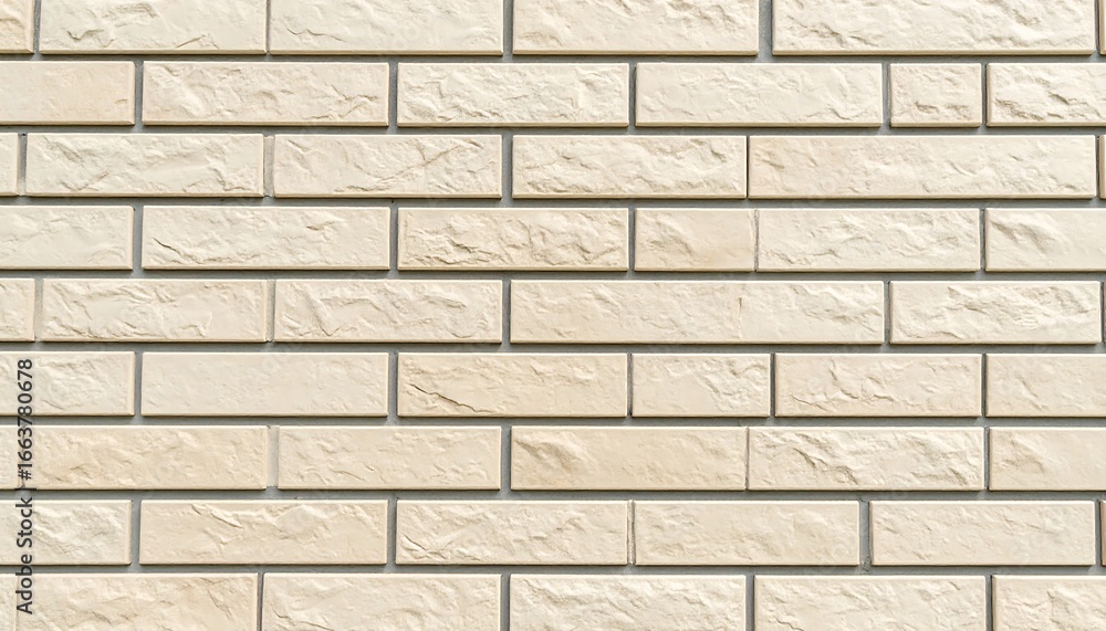 Obraz premium A neutral beige brick wall displays a regular, repeating pattern of rectangular blocks, with subtle textural variations, creating a calming aesthetic.
