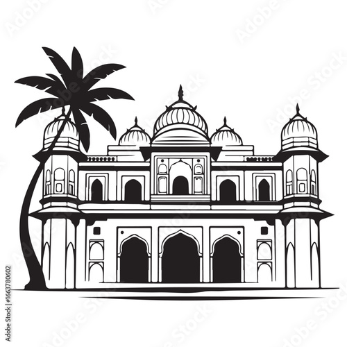 Black and white silhouette of an ornate building with domes and a palm tree architecture